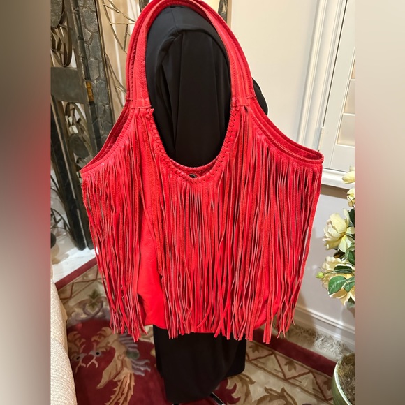 Jennifer Haley genuine red pebble leather fringe hobo bag - Picture 1 of 8
